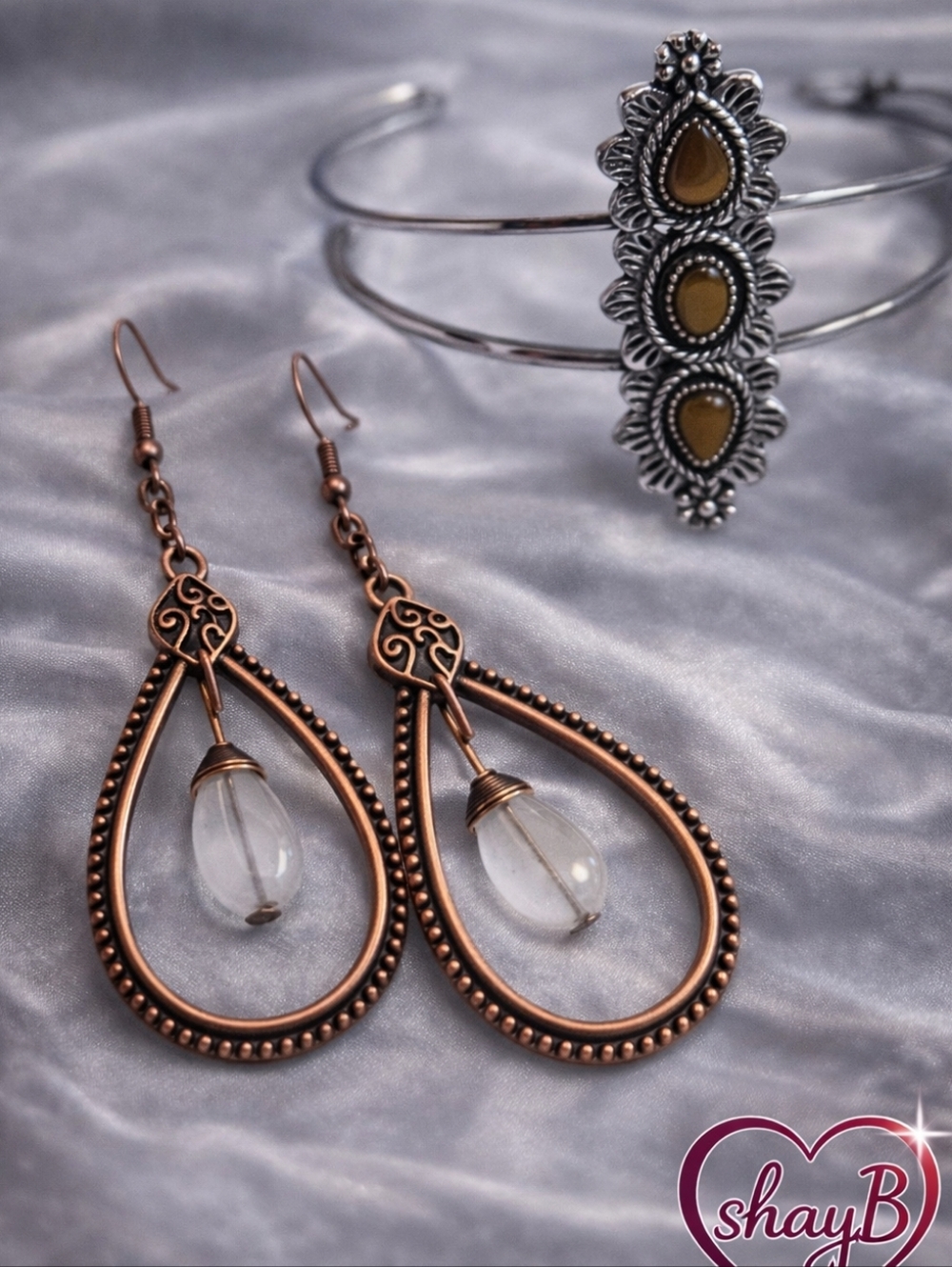 Copper Teardrop Earrings with Clear Stone Accent & Cuff Bracelet
